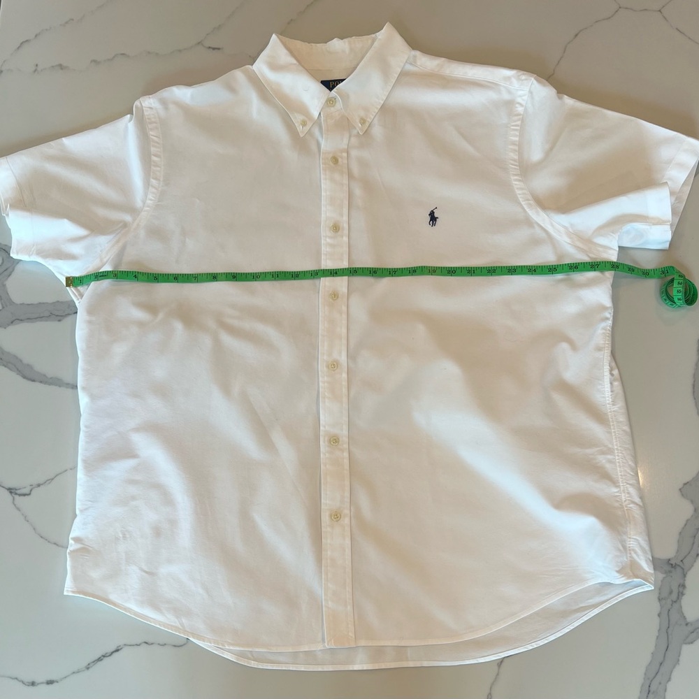 Ralph Lauren White Short-Sleeve Button-Down Polo Shirt with Navy Logo